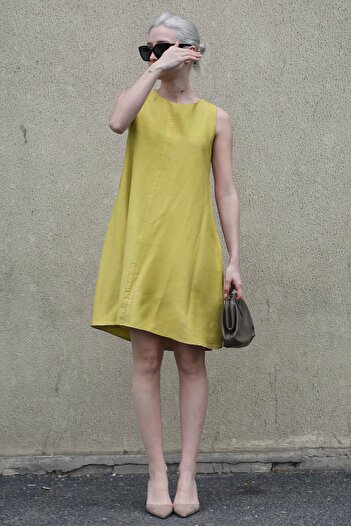 Madmext Mustard Zero Sleeve Loose Linen Dress MG1831