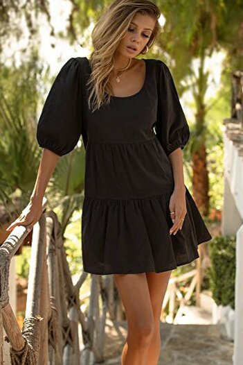 Madmext Black Backless Basic Short Dress