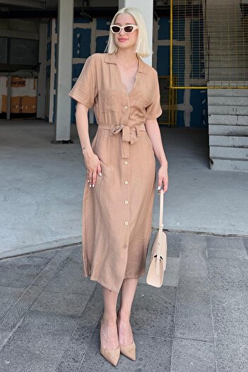 Madmext Pocket Detailed Shirt Collar Long Dress - MG2083