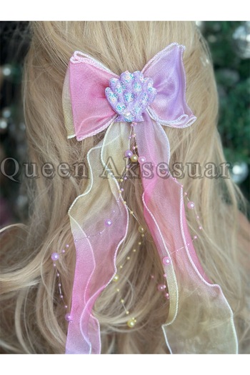 QUEEN AKSESUAR Mermaid Oyster Pearl Tulle Pendant Bow Clasp Rainbow Pink Lilac Yellow Pastel Colored