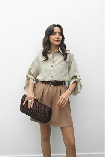 Havoş Beige Raw Linen Shirt with Belt Detail on Sleeves