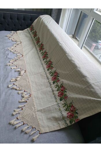 DENBU TEKSTİL Red Canvas Buldan Business Hand Lace Canvas Linen Curtain