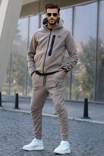Madmext Beige Printed Regular Fit Men's Tracksuit Set