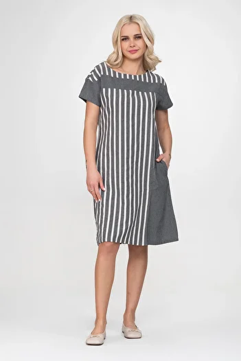 Bold & Young Rochie de damă cu buzunare, în dungi, din țesătură simplă, din bumbac, cu fantă