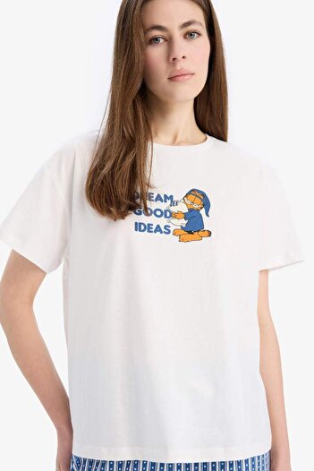 DeFacto Garfield Pijama Takımı Kısa Kollu Üst Esnek Belli Uzun Altı-Fall in Love E0278AX25SP