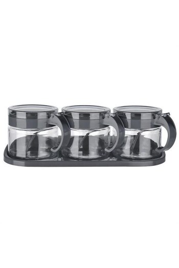 CT STONES Ct-Stones ®   Gray 3-Piece Glass Air-Tight Spice Container Set with Stand, Lid and Spoon Kc-386