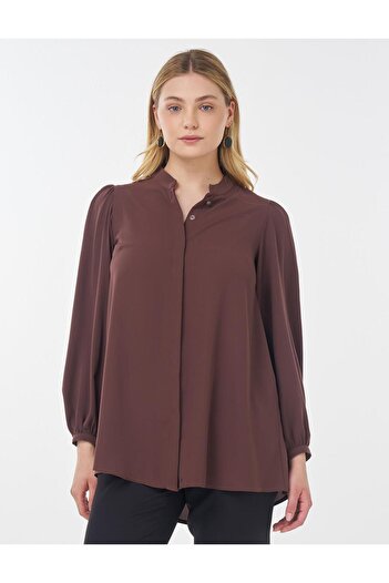 Kayra Judge Collar Asymmetrical Cut Blouse Brown