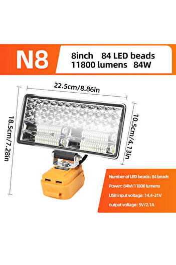 Choice 8 inches for Dewalt 20V battery wide beam flood light with two USB charging port LED light for emerg