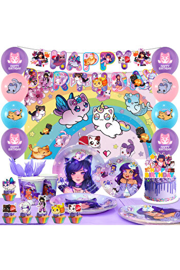 Choice PURPLE 112 pcs Aph-mau Cat Game Themed Birthday Party Supplies Decorations Set with Banner, Balloons