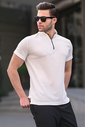 Madmext Zipper Collar White Men's T-Shirt 6120