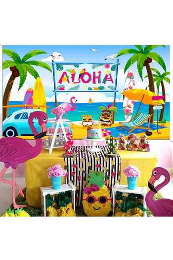 HOWAF Hawaiian Party Photo Backdrop, Polyester, Multicolor, 185 x 110 cm