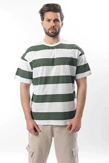 Madmext Oversize Khaki T-Shirt - Color Block, Crew Neck, Short Sleeve 7030