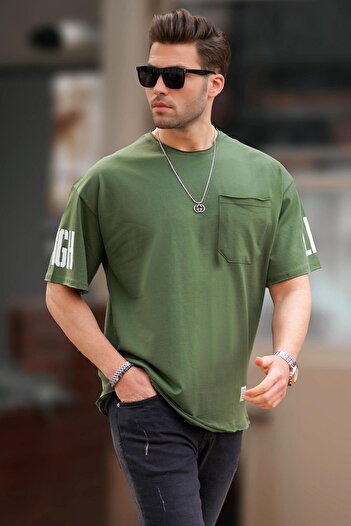 Madmext Men's T-Shirt - Khaki Pocket Detail, Sleeve Printed, Basic Model 7016