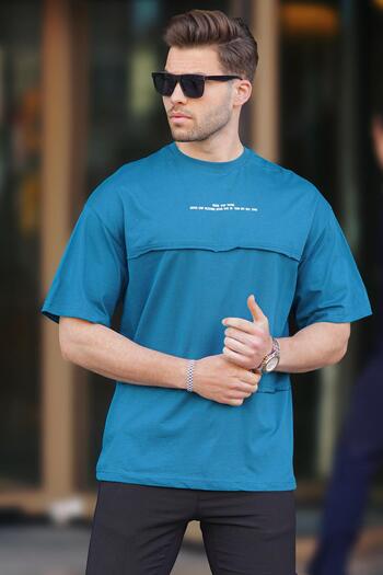 Madmext Μπλουζάκι με λαιμόκοψη Petrol Blue Oversize 7017