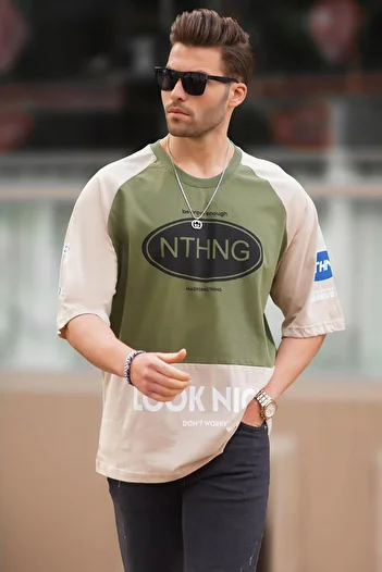 Madmext Color Blocked Printed Khaki Men's T-Shirt - Crew Neck 7027