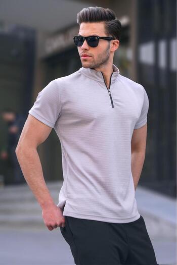 Madmext Zipper Collar Gray Men's T-Shirt 6120