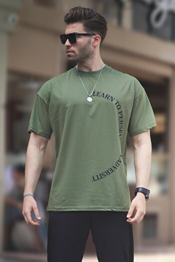 Madmext 7040 Model KHaki Overfit Crew Neck Printed Short Sleeve T-shirt