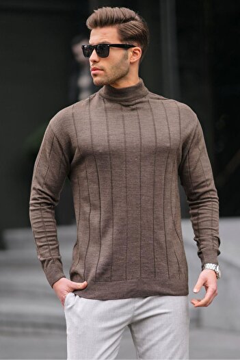 Madmext Dark Brown Slim Fit Half Turtleneck Striped Non-Pilling Men's Knitwear Sweater 6344
