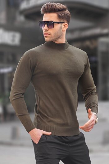 Madmext Pánský pletený svetr khaki Slim Fit s polovičním rolákem 6343