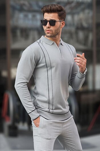 Madmext Gray Zippered Polo Collar Knitwear Men's Sweater 6823