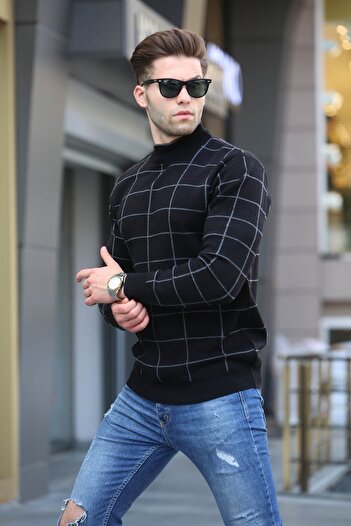 Madmext Black Plaid Patterned Knitwear Sweater 5796
