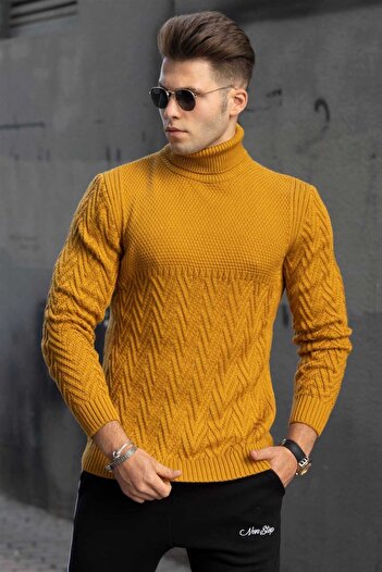 Madmext Mustard Turtleneck Knitted Patterned Sweater 4655