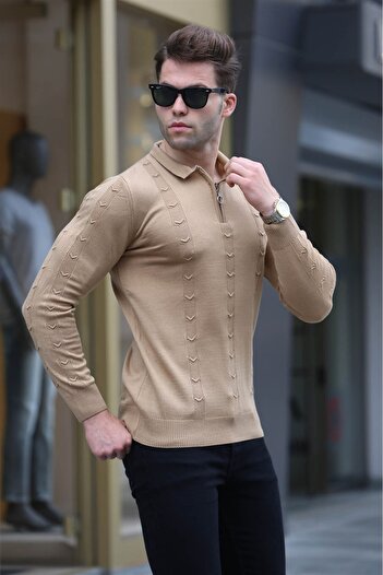 Madmext Beige Zipper Detailed Knitwear Sweater 5606