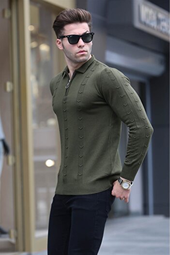 Madmext Khaki Zipper Detailed Knitwear Sweater 5606