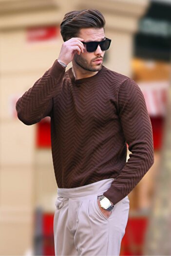 Madmext Crew Neck Houndstooth Patterned Long Sleeve Sweater 7219