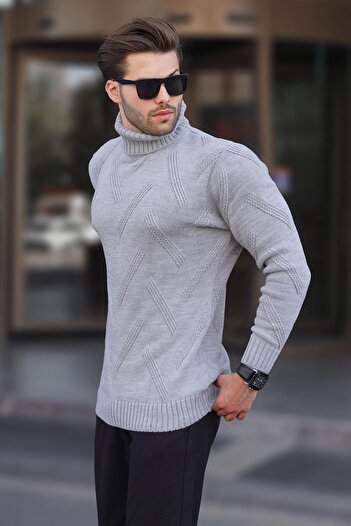 Madmext Long Sleeve Gray Patterned Knitted Sweater - High-rise 7279