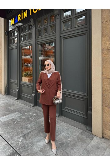 MYGİYİMİSTANBUL Jacket Vest Slim Leg Pants Waist Elastic Detail 3 Piece Suit