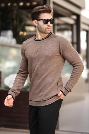 Madmext Mink Crew Neck Stripe Detailed Long Sleeve Knitted Sweater 7245