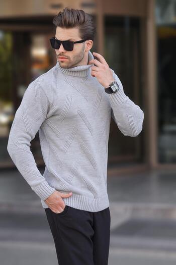 Madmext Long Sleeve Gray Patterned Knitted Sweater - High-rise 7279