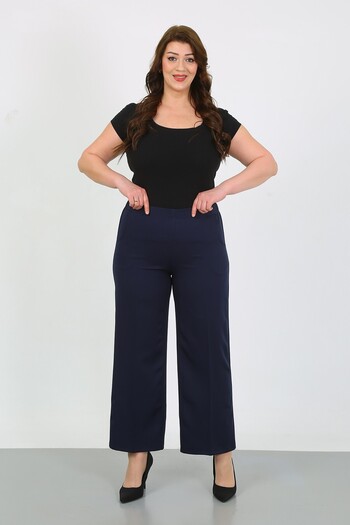 By Alba Collection Women's Navy Blue Dumbbell Fabric Oval Pocket Back Elastic Large Size Trousers