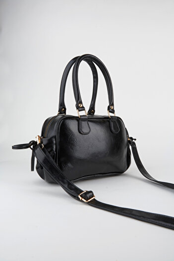 Vivaq Women's Mila Black Wrinkled Shiny Faux Leather Zipper Closure Strap Handbag and Shoulder Bag