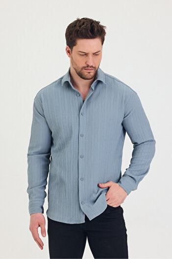COOL TARZ Erkek Kendinden Çizgi Detaylı Slim Fit Dar Kalıp Uzun Kol Gömlek