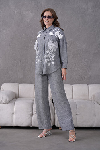 Miss Allos Women's Front Embroidered Rose Flower and Stone Decorated Ribbon Detailed Linen Shirt and Pants Bottom Top Set