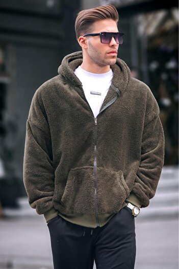 Madmext Khaki Plush Over Fit Hooded Zippered Men's Sweatshirt 6049