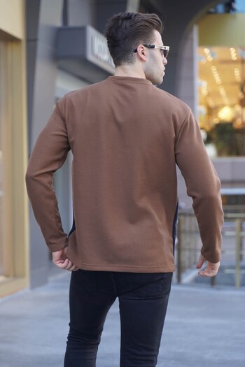 Madmext Brown Color Blocked Crew Neck Sweatshirt 6015