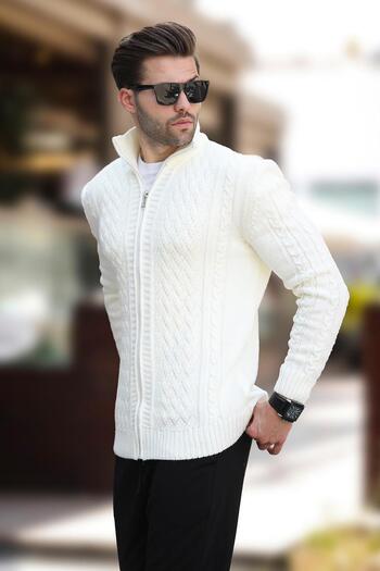 Madmext Ecru Stand Collar Zippered Knitted Cardigan 7271