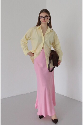 Laluvia Pink Elastic Waist Long Satin Skirt - 231005
