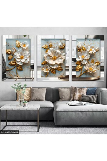 Evinemoda White Flower with Gold Leaves 3 Piece Plexiglass Mirrored Table