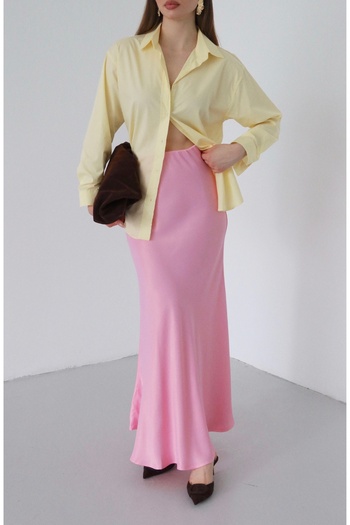 Laluvia Pink Elastic Waist Long Satin Skirt - 231005
