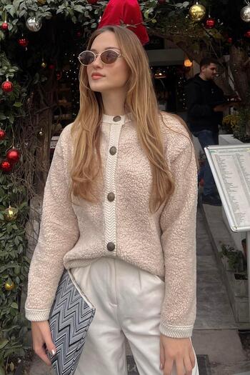 Madmext Beige Buttoned Boucle Knitwear Cardigan MG1949