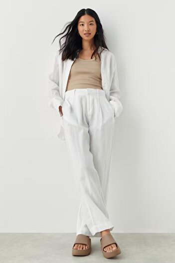 Madmext White Belted Wide Leg Women's Trousers MG2021