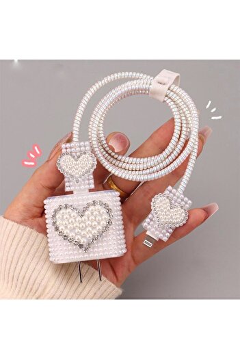 POWELL 18/20w adaptör ve kablo için boncuklu taşlı kabartmalı kelebek şarj aleti kılıfı set
