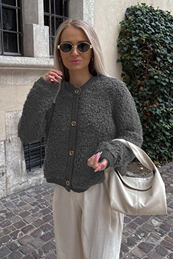 Madmext Anthracite Buttoned Boucle Knitwear Cardigan MG1949