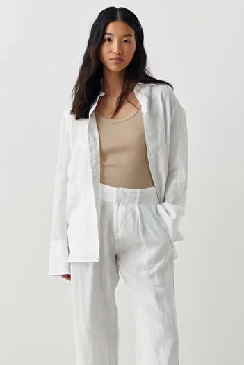 Madmext White Belted Wide Leg Women's Trousers MG2021