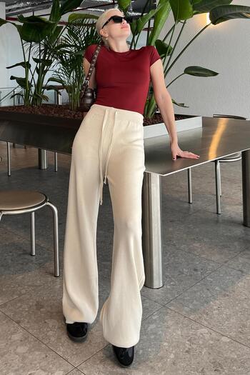 Madmext Bej Beli Ayarlanabilir Geniş Paça Pantolon MG2089