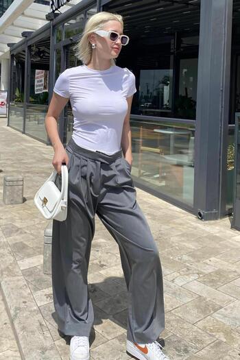 Madmext High Waist Anthracite Color Comfortable Cut Wide Leg Trousers - MG2120